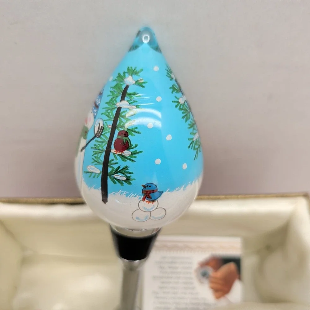 Pier 1 Li Bien Hand Painted Glass Wine Bottle Stopper 2014 Snowman Winter Scene